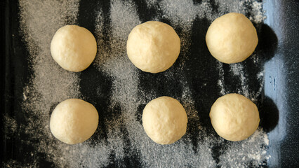 Close-up of raw dough for buns, cakes. On the wick. Flour products. Gluten free