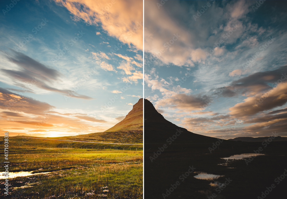 Canvas Prints Beautiful view of the Kirkjufell volcano. Location Iceland, Europe. Images before and after.