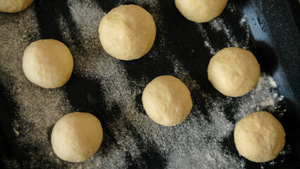 Close-up of raw dough for buns, cakes. On the wick. Flour products. Gluten free