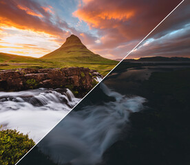 Beautiful view of Kirkjufell volcano at sunset.I mages before and after.