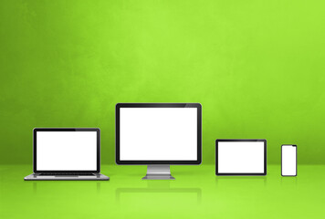 computer, laptop, mobile phone and digital tablet pc. green background