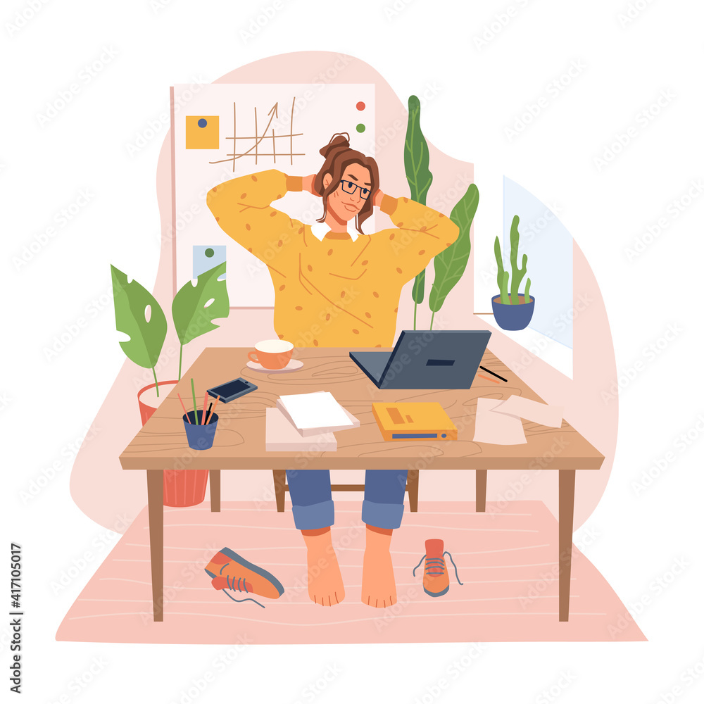 Poster employee in office stretching sitting by table with laptop and papers. working woman taking break an