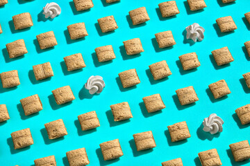 Dry breakfast patterns top view on colored background