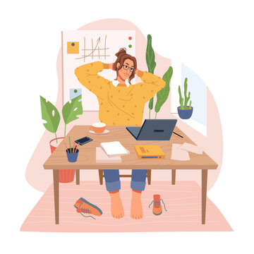 Employee in office stretching sitting by table with laptop and papers. Working woman taking break and resting, doing exercise to reduce body tension. Cartoon characters, vector in flat style