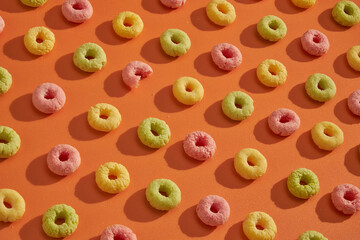 Dry breakfast patterns top view on colored background