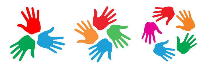 Fototapeta na wymiar Hand Print circle icon set. Colorful bright design element. Handprint emblems. Hand round insignia. Vector logo