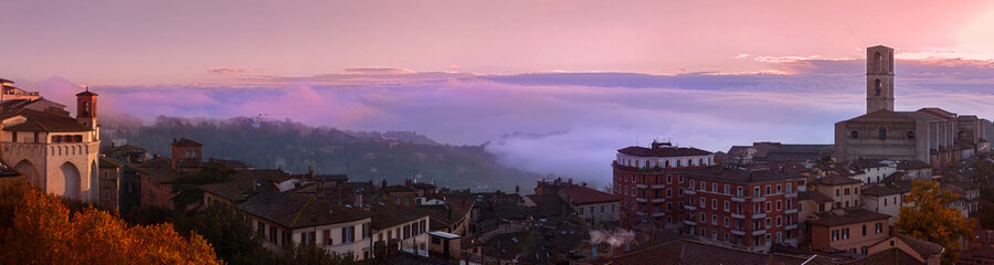 Panorama of Perugia on a foggy winter morning