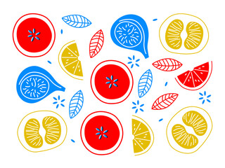 Fruit slices apples, tangerines, figs. Cartoon flat vector. Fruit elements for your design. Abstract summer fruits printable.