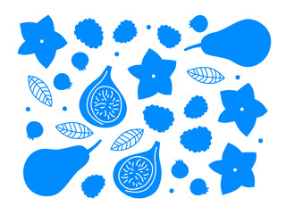Exotic fruit silhouette set. Organic healthy food for menu design. Exotic pear, fig, raspberry, berries. Cartoon flat modern style. Summer tropical fruits print. Blue fruits print.