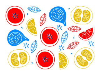 Fruit collection in flat hand drawn style, illustrations set. Tropical fruit and graphic design elements. Ingredients abstract cliparts. Cartoon style smoothie or juice ingredients.