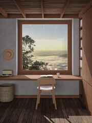 Reading table by the window in the morning 3d render with sea of fog and mountain view outside, There are plang,floor and ceiling decorate with wooden furniture