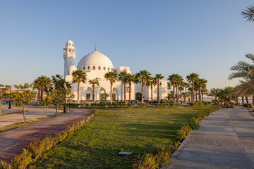 Jawzaa Alqahtany Mosque on the Al Khobar Corniche, Eastern Province of Saudi Arabia during sunrise.