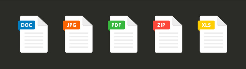 File type icons. Set of pdf, doc, jpg, xls, zip. Collection colored icons for download on computer. Graphic templates for ui. Document types in flat style. Vector illustration. EPS 10