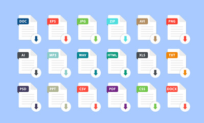 Set of different file formats. Download file. File with and a down arrow sign. Loading document concept. Download buttons for web site or app. Document types in flat style: pdf, doc, png, jpg, psd.