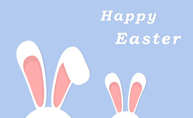 Greeting card with white Easter rabbit. Funny bunny on blue background. White hare crawls out of the mink. Happy Easter Bunny template, blue background and copy space for your text.