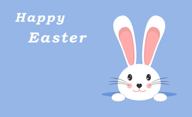 Greeting card with white Easter rabbit. Funny bunny on blue background. White hare crawls out of the mink. Happy Easter Bunny template, blue background and copy space for your text.