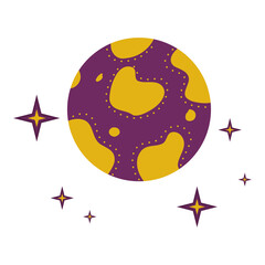 A planet with craters and stars is isolated on a white background. Vector illustration for the design of divination, palmistry, mysticism and esotericism