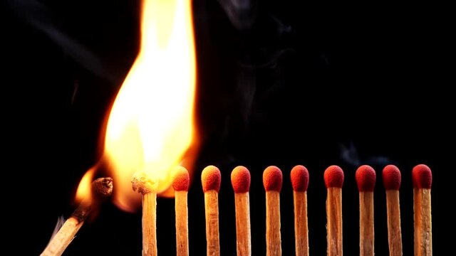 Close up burning match setting fire to a row of unlit matches isolate on black background. Concept the passion of one ignites ideas change others, creative, and inspiration.