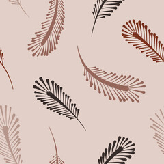 Bird plum vector seamless pattern. Boho vibes background with decorative feathers illustration.