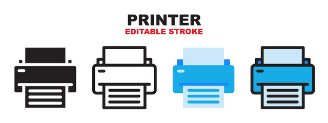 Printer icon set with different styles. Colored vector icons designed in filled, outline, flat, glyph and line colored. Editable stroke style can be used for web, mobile, ui and more.