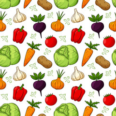 Seamless pattern with different vegetables. Colored hand-drawn linear elements with an outline are isolated on a transparent background. For the design of kitchen accessories and food packaging.