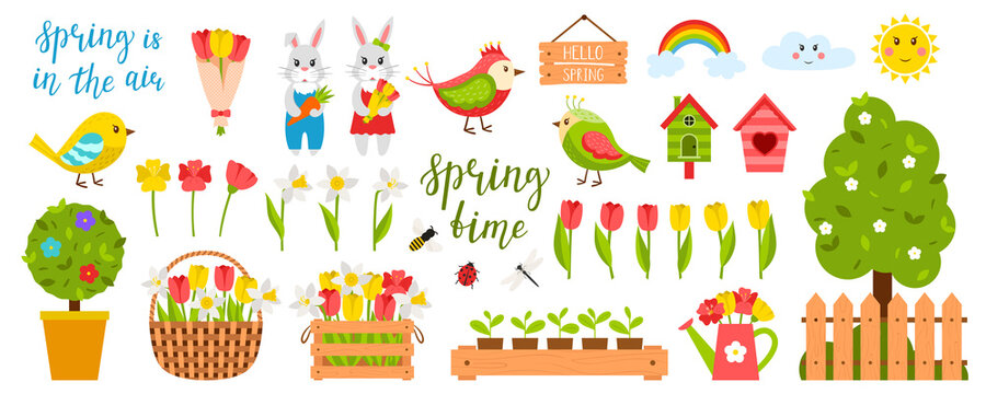 Collection of design elements on the theme of spring, summer. Birds, bunnies, chickens. Cute characters. A set of color vector illustrations in a flat style. Isolated on a white background