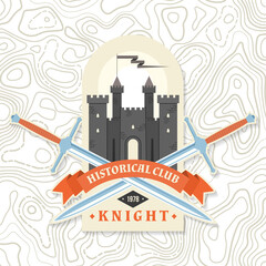 Knight historical club badge design. Vector illustration Concept for shirt, print, stamp, overlay or template. Vintage typography design with knight swords and castle silhouette.