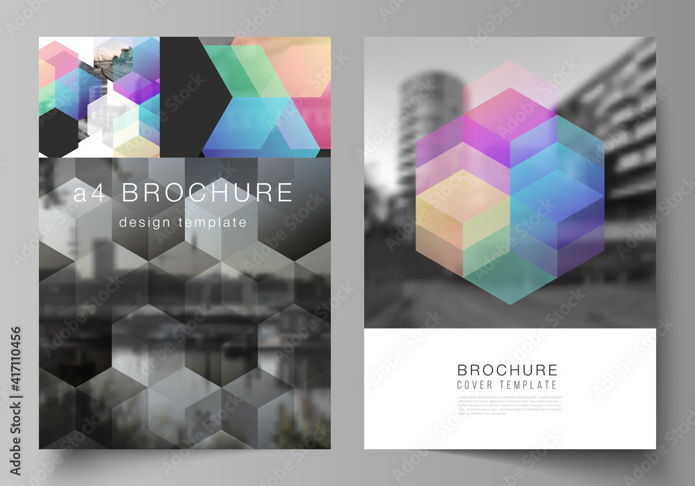 Poster vector layout of a4 format cover mockups design templates with colorful hexagons, geometric shapes, 