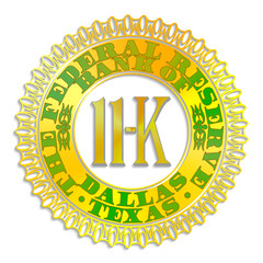 Seal of Federal Reserve Bank of Dallas, Texas. Golden with green lettering and shadow. 11-K