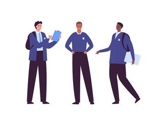 Happy high school student concept. Vector flat creative student character illustration. Diverse multiethnic male boy group in uniform with book and backpack. Asian, hispanic and african ethnic.