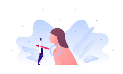 Dermatology and skin health care concept. Vector flat modern illustration. Dermatologist doctor female character hold magnifier glass on woman patient body. Mole, cancer, allergy analysis symbol.