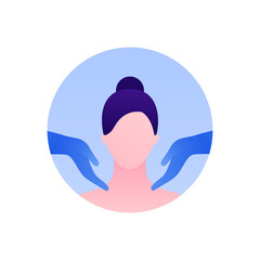 Dermatology, cosmetology and skin health care concept. Vector flat avatar illustration. Faceless female patient head and dermatologist or cosmetologist hand in protective gloves.