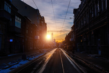 Obraz premium Evening sunset at central district of Rostov-on-Don. Beautiful architecture of historical buildings
