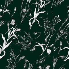 Illustration, pencil. A pattern of leaves and branches of plants, birds. Freehand drawing of flowers on a green background.