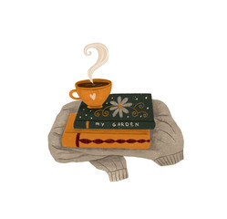 Cute composition with books, knitted sweaters and a cup. Illustration on white isolated background 