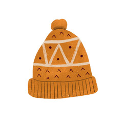 Cute yellow knitted hat with a pompom. Illustration on white isolated background 
