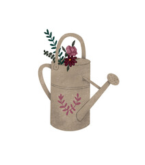 Cute watering can with flowers. Illustration on white isolated background 