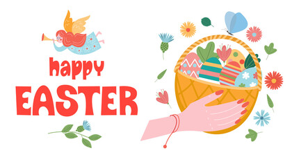 Happy Easter. A basket of painted eggs. Vector illustration.
