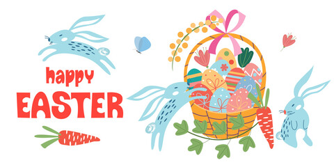 Happy Easter. A basket of painted eggs. Vector illustration.