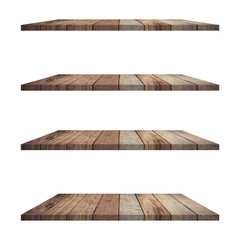 4 Wood shelves table isolated on white background and display montage for product.