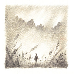 vintage climber illustration. pencil drawing. wheat field.