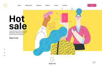 Discounts, sale, promotion - web template - shop consultant - modern flat vector concept illustration of customers and a salesperson telling about and offering the product. Hot sale