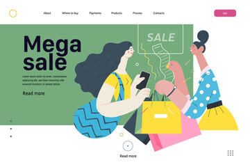 Discounts, sale, promotion - web template - cash desk - modern flat vector illustration concept of a customer and a shop assistant. Selling interaction and purchasing process. Mega sale