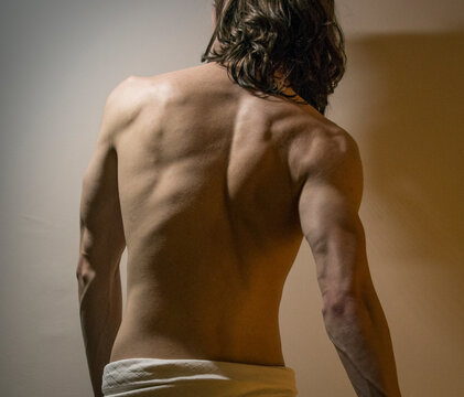 Back muscles of long haired male model, dramatic lighting