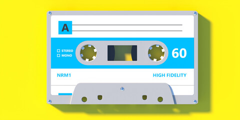 Retro audio cassette tape with blue label on yellow color background. 3d illustration