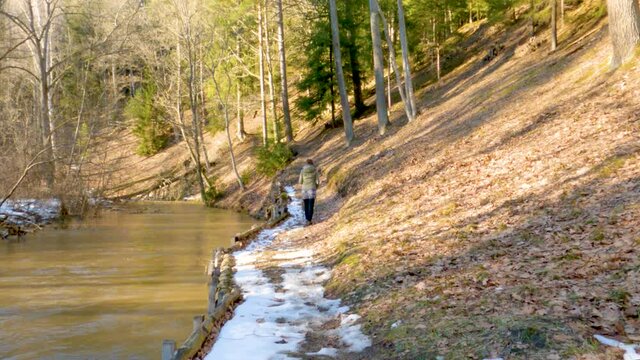 Energetic woman is doing active nordic walking exercising in the forest. Lady is stepping quickly with ski poles on the path in spring nature outdoors and during pandemic isolation.