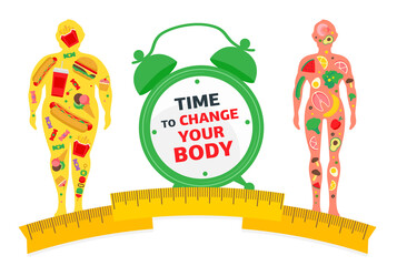 Weight loss concept. Time to change your body. Before and after diet and fitness. Fat and thin man. Healthy lifestyle, a healthy diet and daily routine. 