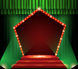 Background with green curtain, podium, spotlights and retro arch banner. Design for presentation, concert, show