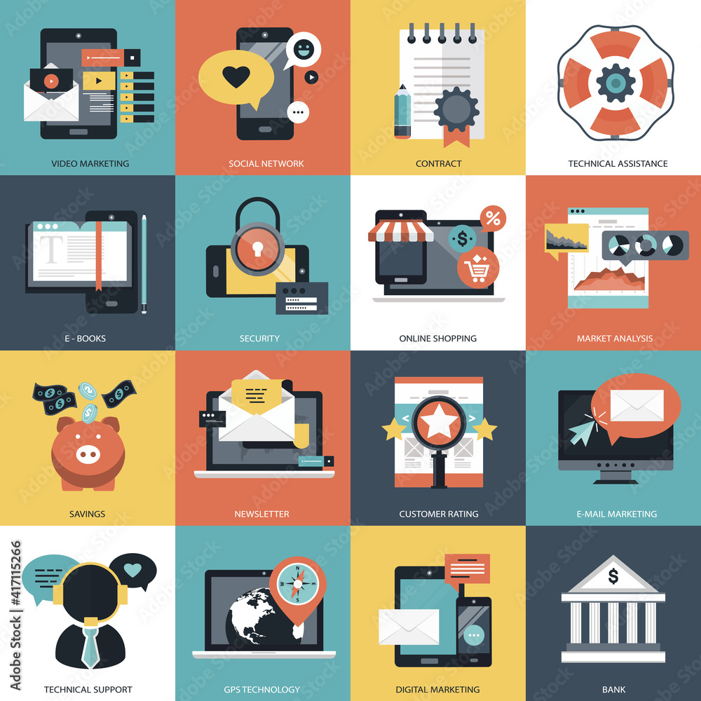Poster business, technology and management icon set for websites and mobile applications. flat vector illus
