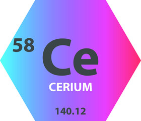 Ce Cerium Lanthanide Chemical Element vector illustration diagram, with atomic number and mass. Simple gradient fla hexagon esign for education, lab, science class.